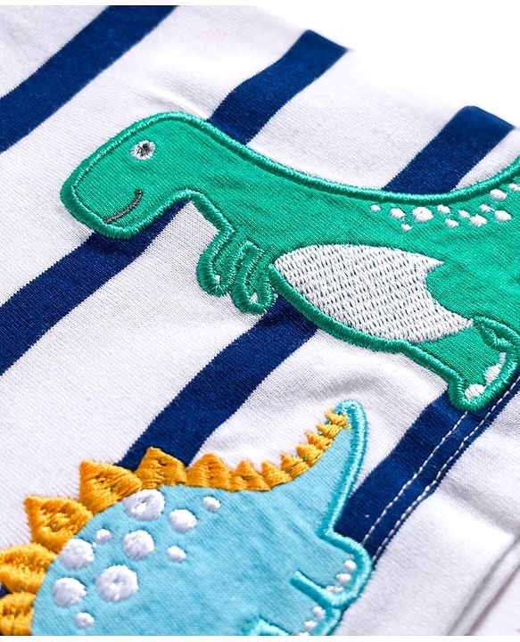 Babyhug 100 % Cotton Knit Full Sleeves  T-Shirt with Stripes & Dino Print - Navy Blue & White