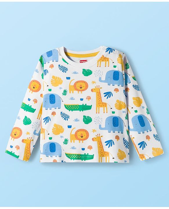 Babyhug 100% Cotton Knit Full Sleeves Striped T-Shirts with Jungle Theme Print Pack of 2 - Multicolor