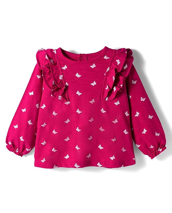 Babyhug 100% Cotton Knit Full Sleeves Top with Butterfly Print & Frill Detailing - Dark Pink