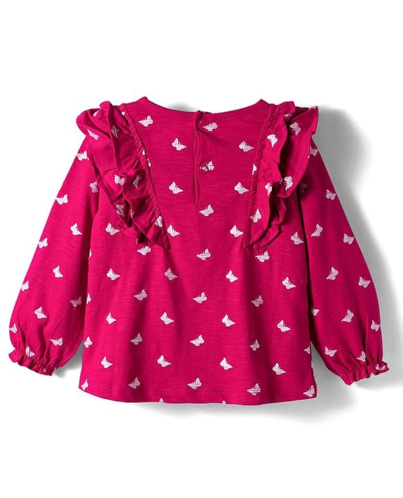 Babyhug 100% Cotton Knit Full Sleeves Top with Butterfly Print & Frill Detailing - Dark Pink