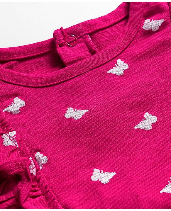 Babyhug 100% Cotton Knit Full Sleeves Top with Butterfly Print & Frill Detailing - Dark Pink