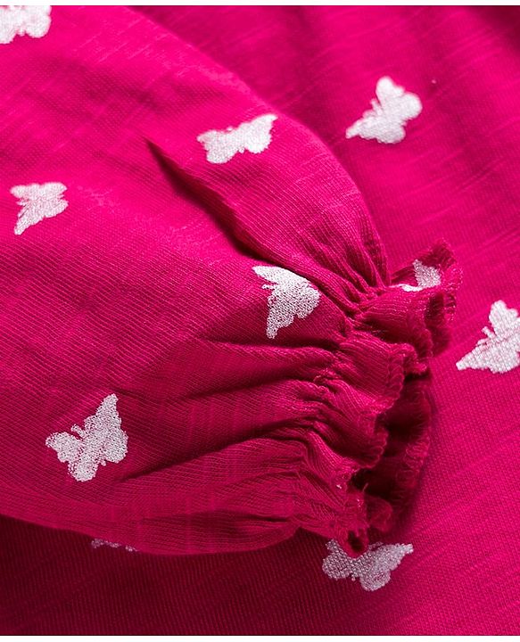 Babyhug 100% Cotton Knit Full Sleeves Top with Butterfly Print & Frill Detailing - Dark Pink