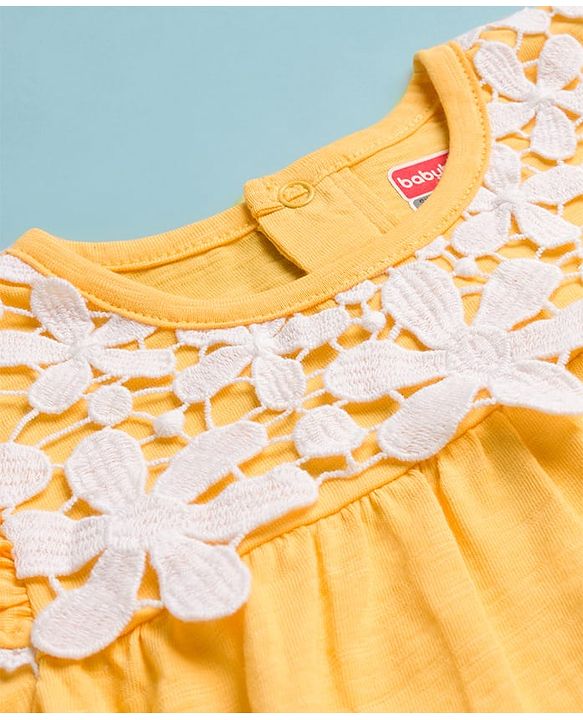 Babyhug 100% Cotton Knit Full Sleeves Top with Frill & Floral Lace Detailing - Yellow