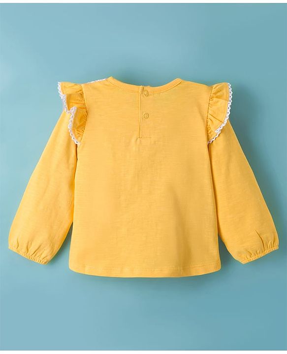 Babyhug 100% Cotton Knit Full Sleeves Top with Frill & Floral Lace Detailing - Yellow