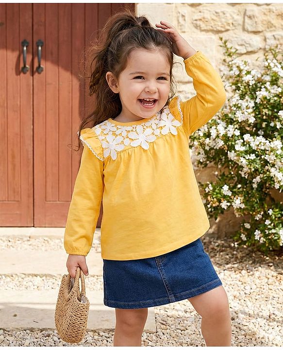 Babyhug 100% Cotton Knit Full Sleeves Top with Frill & Floral Lace Detailing - Yellow