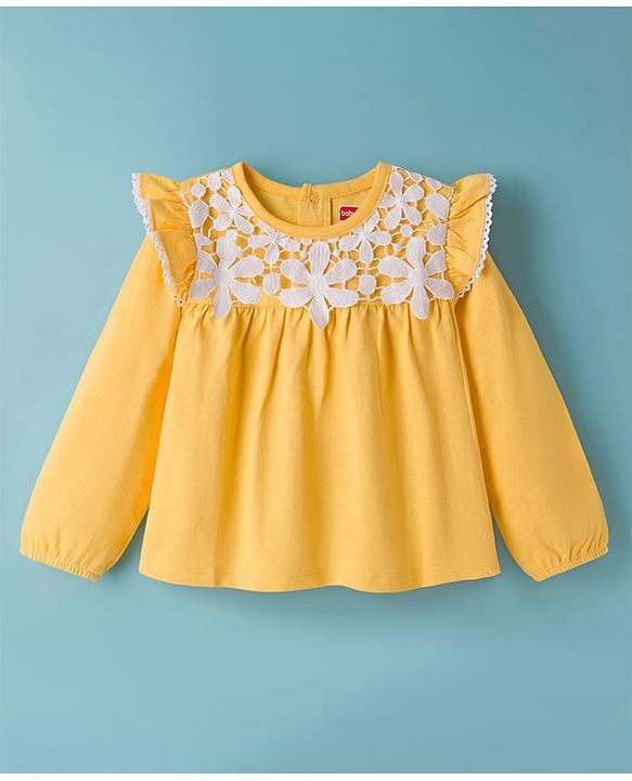 Babyhug 100% Cotton Knit Full Sleeves Top with Frill & Floral Lace Detailing - Yellow