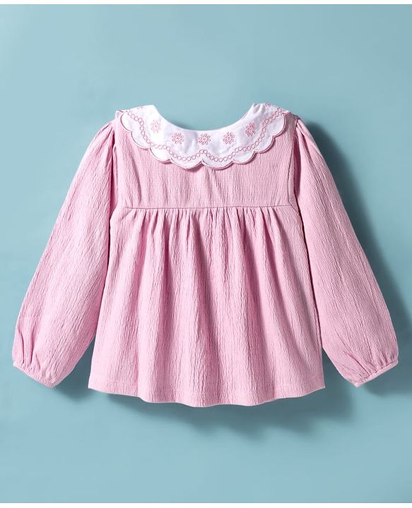 Babyhug Cotton Lycra Knit Full Sleeves Top with Floral Embroidery - Pink