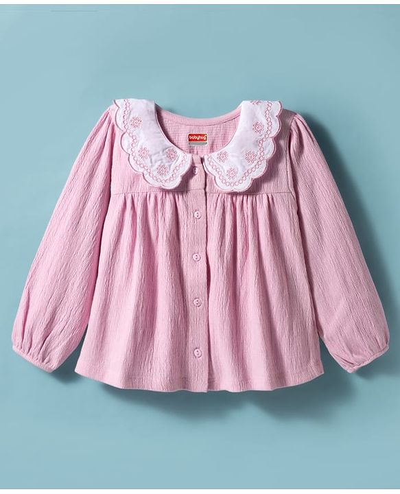 Babyhug Cotton Lycra Knit Full Sleeves Top with Floral Embroidery - Pink