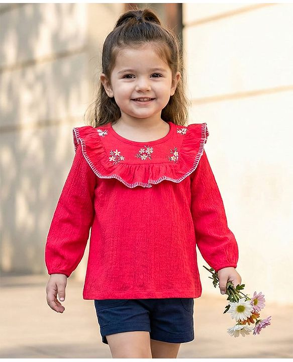 Babyhug Cotton Lycra Knit Full Sleeves Top with Frill Detailing & Floral Embroidery - Red