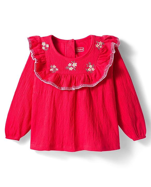 Babyhug Cotton Lycra Knit Full Sleeves Top with Frill Detailing & Floral Embroidery - Red