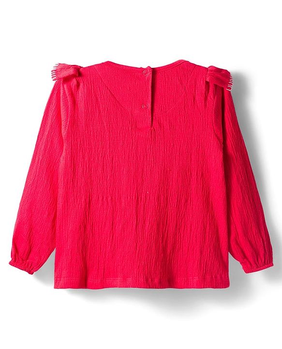 Babyhug Cotton Lycra Knit Full Sleeves Top with Frill Detailing & Floral Embroidery - Red