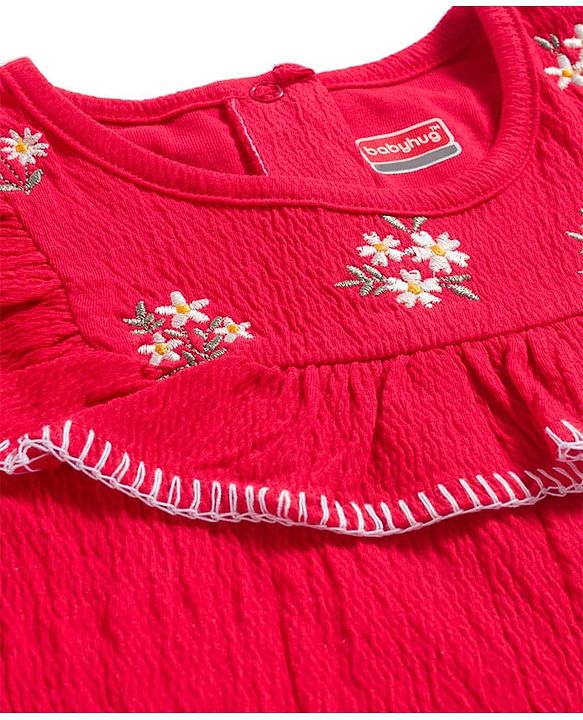 Babyhug Cotton Lycra Knit Full Sleeves Top with Frill Detailing & Floral Embroidery - Red