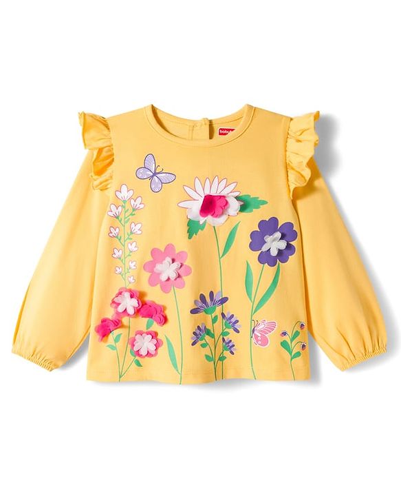 Babyhug 100% Cotton Knit Full Sleeves Top with Frills Floral Print & Applique - Yellow