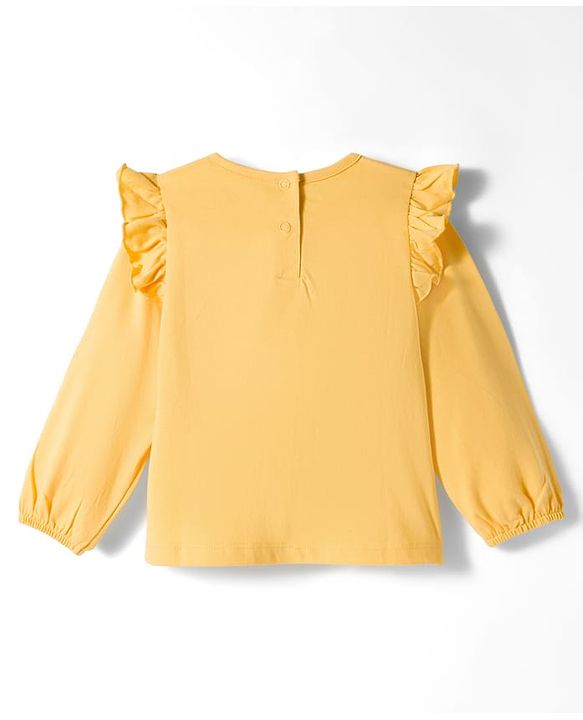 Babyhug 100% Cotton Knit Full Sleeves Top with Frills Floral Print & Applique - Yellow