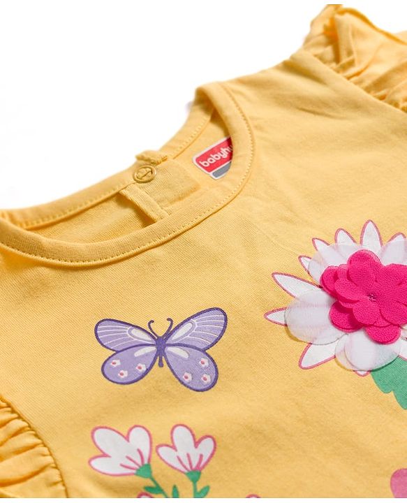 Babyhug 100% Cotton Knit Full Sleeves Top with Frills Floral Print & Applique - Yellow