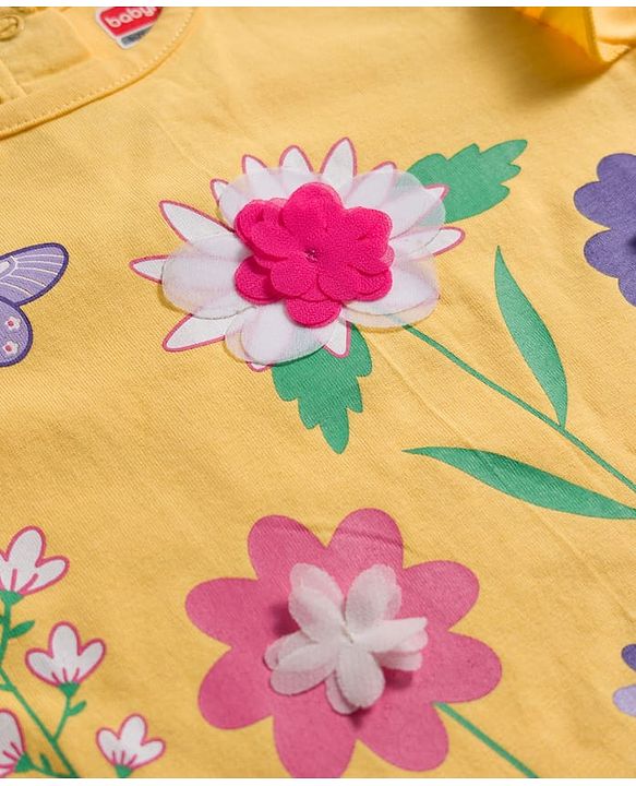 Babyhug 100% Cotton Knit Full Sleeves Top with Frills Floral Print & Applique - Yellow