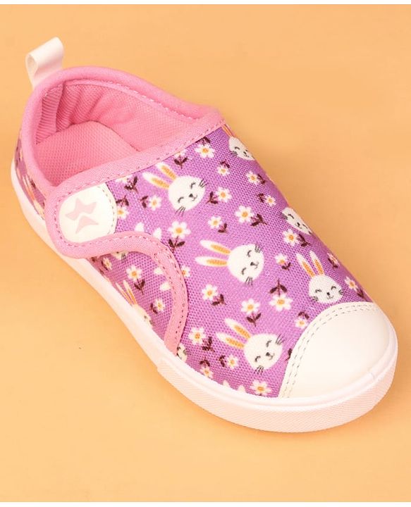Cute Walk by Babyhug Velcro Closure Casual Shoes with Bunny & Floral Print - Purple