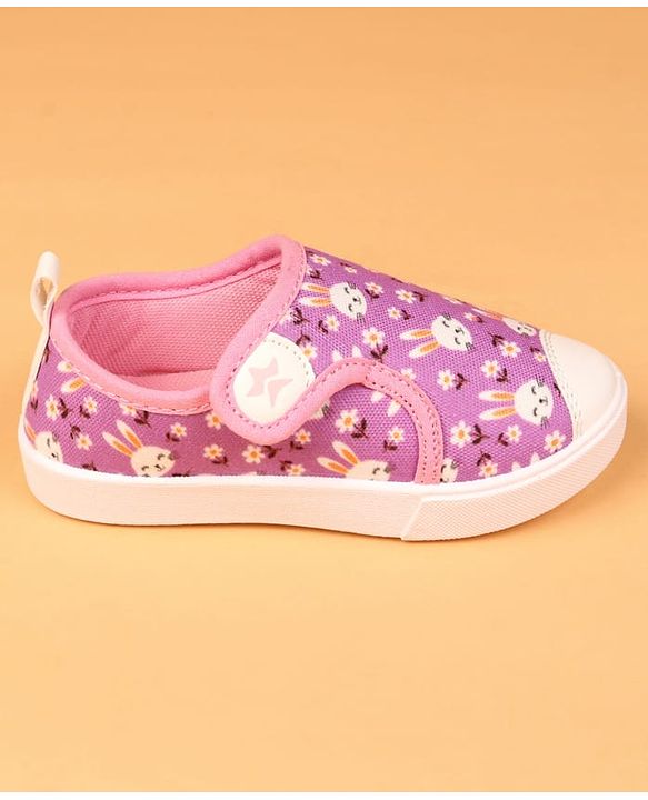 Cute Walk by Babyhug Velcro Closure Casual Shoes with Bunny & Floral Print - Purple