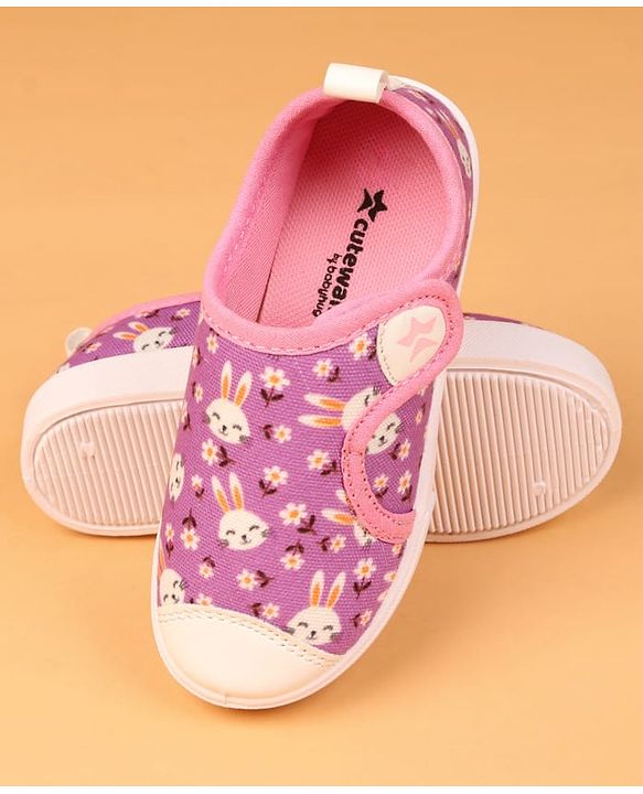 Cute Walk by Babyhug Velcro Closure Casual Shoes with Bunny & Floral Print - Purple
