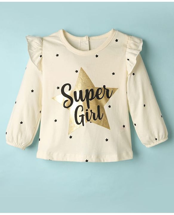 Babyhug 100% Cotton Knit Full Sleeves Top with Star Foil Print & Frill Detailing - Off White
