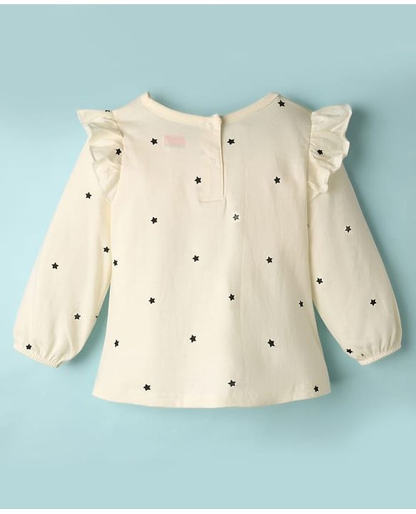 Babyhug 100% Cotton Knit Full Sleeves Top with Star Foil Print & Frill Detailing - Off White
