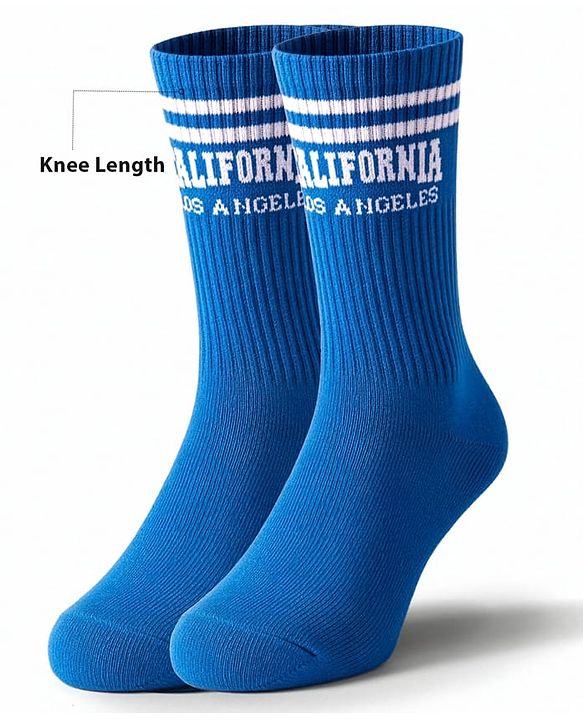 Pine Active Cotton Lycra Knit Terry Breathable Knee Length Football Socks with Text Design - Blue