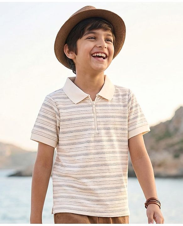 Pine Kids Cotton Knit Half Sleeves Polo T-Shirt with Stripes - White