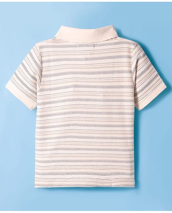 Pine Kids Cotton Knit Half Sleeves Polo T-Shirt with Stripes - White