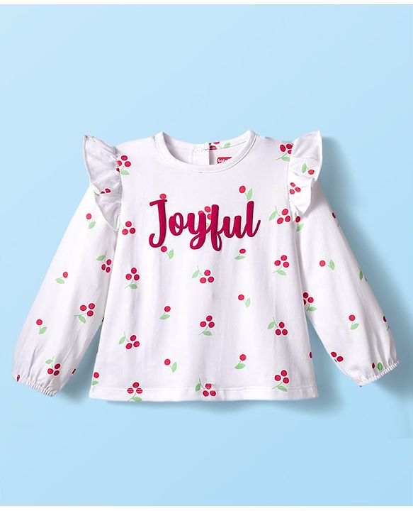 Babyhug 100% Cotton Knit Full Top with Tropical Print & Joyfull Text Print - White