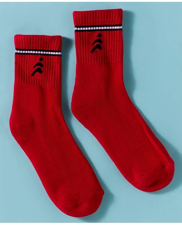 Pine Active Cotton Lycra Knit Terry Breathable Calf Length Athletic Socks with Text Design Pack of 2 - Red & White