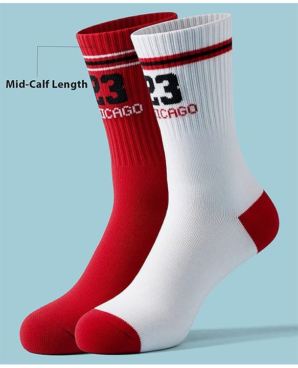 Pine Active Cotton Lycra Knit Terry Breathable Calf Length Athletic Socks with Text Design Pack of 2 - Red & White
