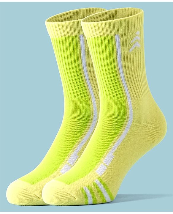 Pine Active Cotton Lycra Knit Terry Breathable Calf Length Athletic Socks Pack of 2 - White & Yellow