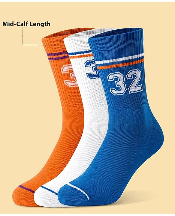 Pine Active Cotton Lycra Knit Terry Breathable Calf Length Athletic Socks with Number Design Pack of 3 - Orange White & Blue