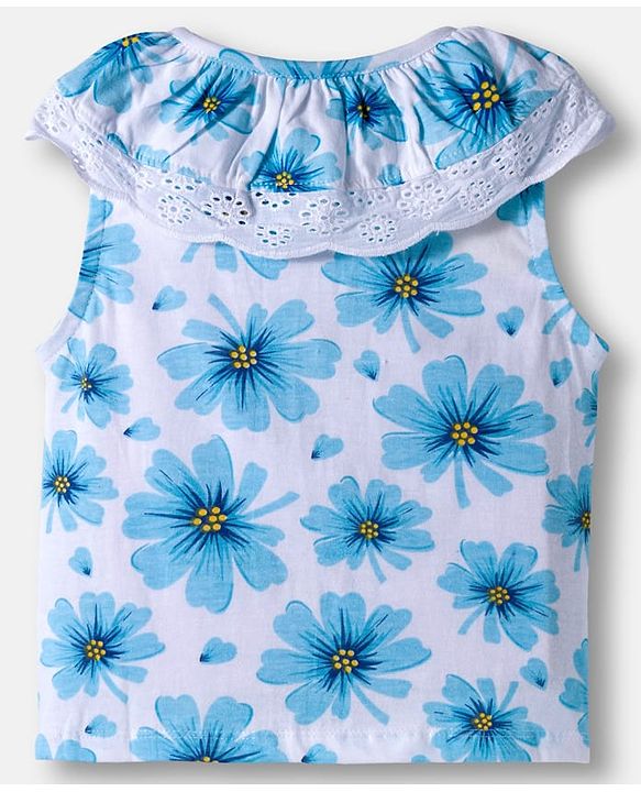 Babyhug 100% Cotton Knit Sleeveless Knotted Top with Floral Print & Frill Detailing - Blue