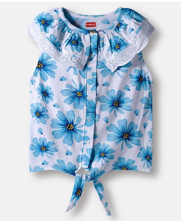 Babyhug 100% Cotton Knit Sleeveless Knotted Top with Floral Print & Frill Detailing - Blue