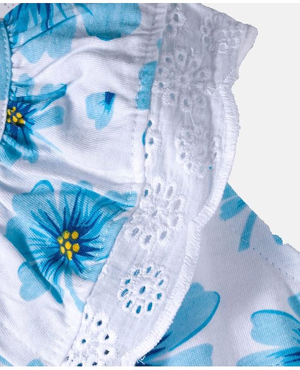 Babyhug 100% Cotton Knit Sleeveless Knotted Top with Floral Print & Frill Detailing - Blue