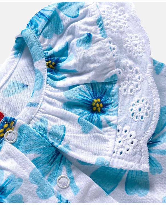 Babyhug 100% Cotton Knit Sleeveless Knotted Top with Floral Print & Frill Detailing - Blue