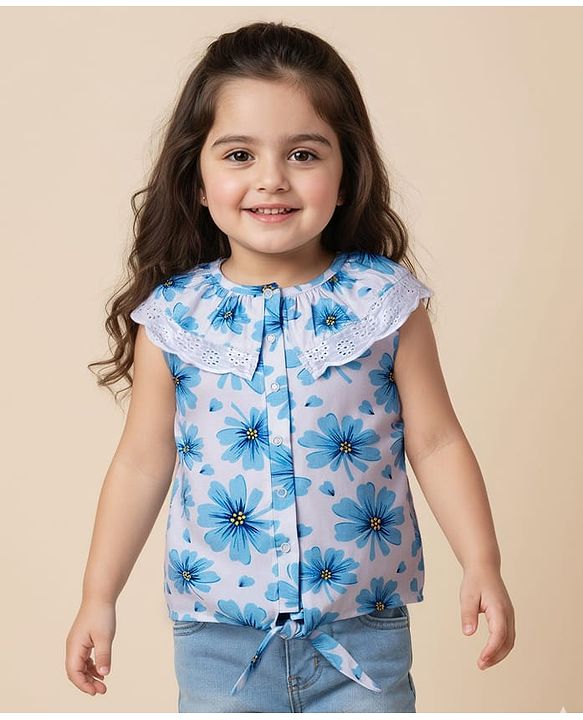 Babyhug 100% Cotton Knit Sleeveless Knotted Top with Floral Print & Frill Detailing - Blue