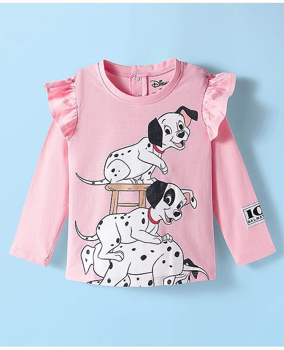 Pine Kids Cotton Knit Full Sleeves Top with Dalmatians Graphics & Frill Detailing - Pink