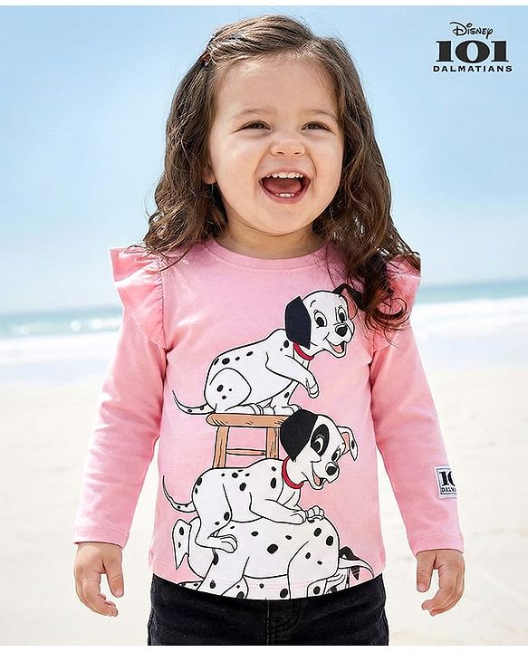 Pine Kids Cotton Knit Full Sleeves Top with Dalmatians Graphics & Frill Detailing - Pink