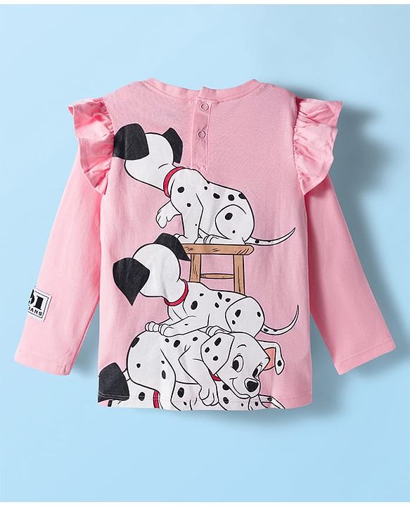Pine Kids Cotton Knit Full Sleeves Top with Dalmatians Graphics & Frill Detailing - Pink