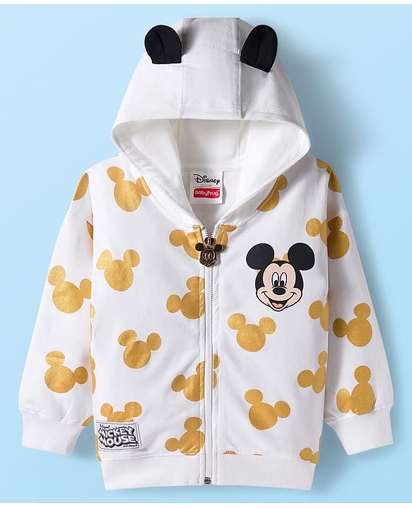 Babyhug Disney Terry Knit Full Sleeves Hooded Sweatshirt and Joggers Set with Mickey Mouse Graphics with Badge and 3D Ear Detailing - White
