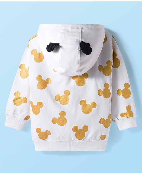 Babyhug Disney Terry Knit Full Sleeves Hooded Sweatshirt and Joggers Set with Mickey Mouse Graphics with Badge and 3D Ear Detailing - White