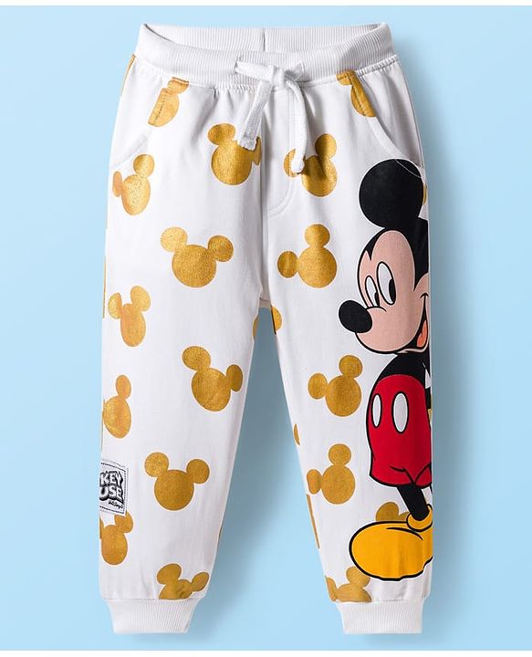 Babyhug Disney Terry Knit Full Sleeves Hooded Sweatshirt and Joggers Set with Mickey Mouse Graphics with Badge and 3D Ear Detailing - White