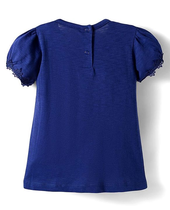 Babyhug 100% Cotton Knit Half Puffed Sleeves Top with Lace Detailing - Navy Blue