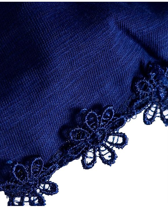 Babyhug 100% Cotton Knit Half Puffed Sleeves Top with Lace Detailing - Navy Blue