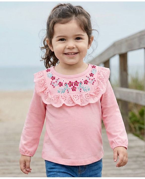 Babyhug 100% Cotton Knit Full Sleeves Top with Floral Embroidery & & Frill Detailing - Pink