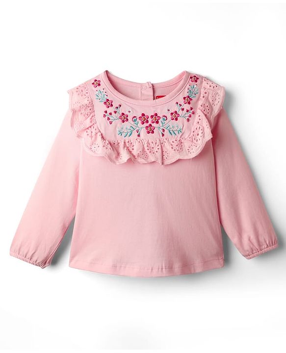 Babyhug 100% Cotton Knit Full Sleeves Top with Floral Embroidery & & Frill Detailing - Pink