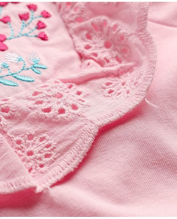 Babyhug 100% Cotton Knit Full Sleeves Top with Floral Embroidery & & Frill Detailing - Pink