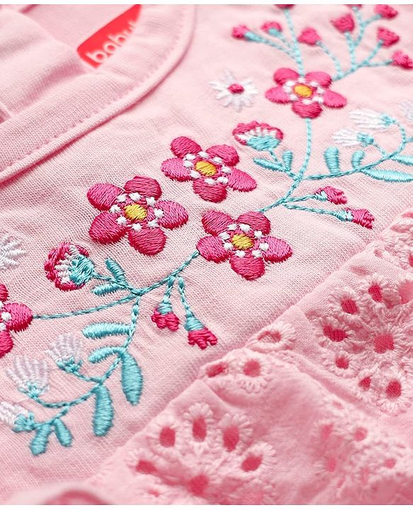 Babyhug 100% Cotton Knit Full Sleeves Top with Floral Embroidery & & Frill Detailing - Pink